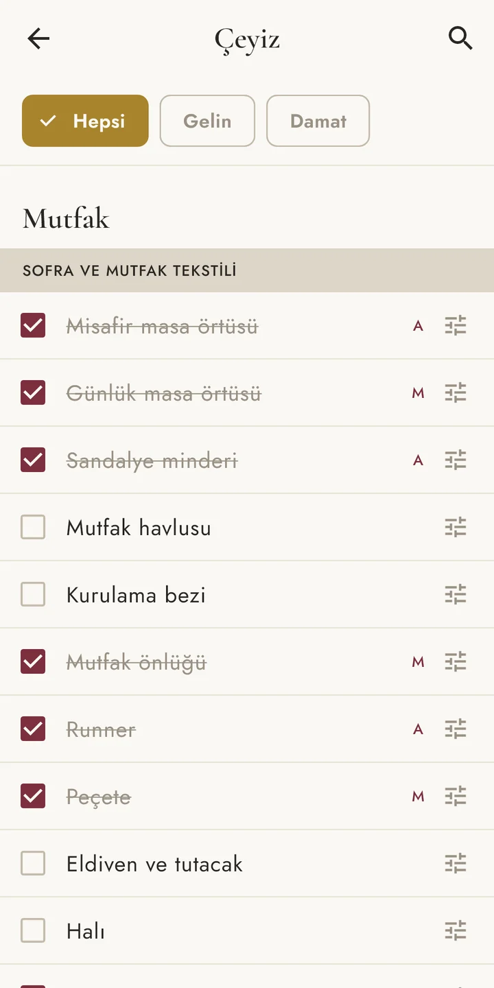 Çeyiz listesi: oda oda kalemler, işaretlenmiş olanlar üstü çizili